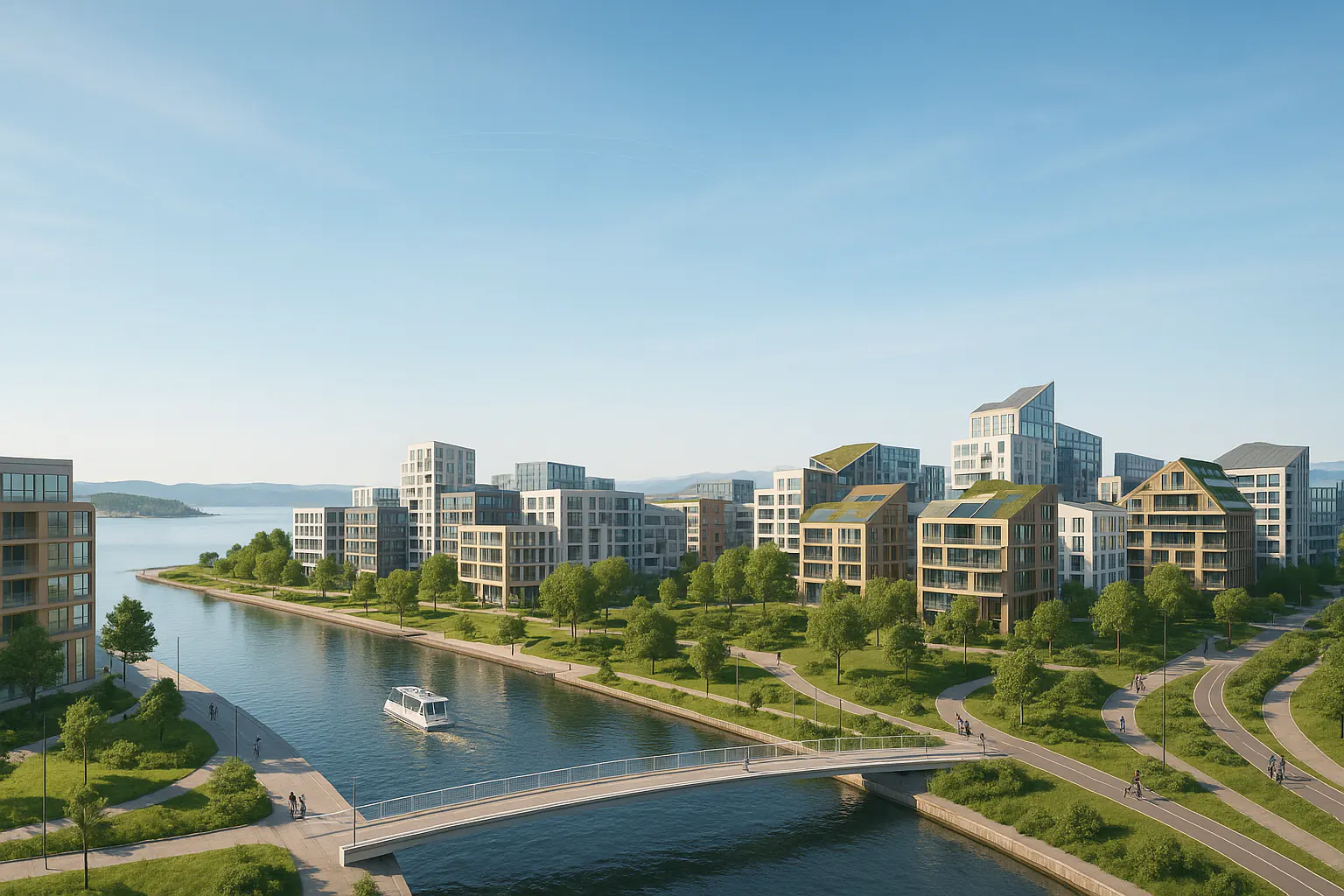 Panoramavy av en modern stadssilhuett med fokus på hållbara byggnader
