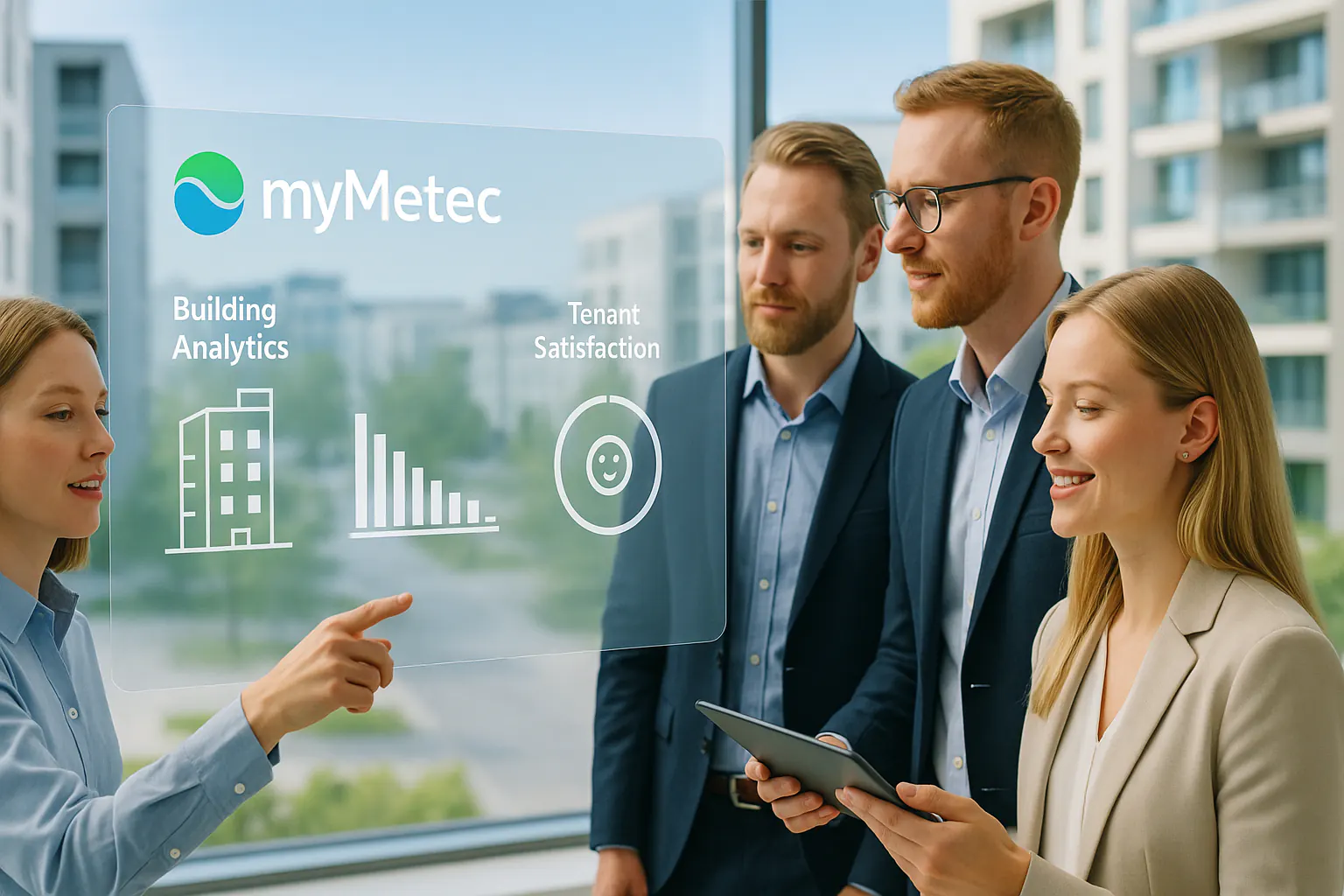Modern property management concept with digital interface and sustainable buildings
